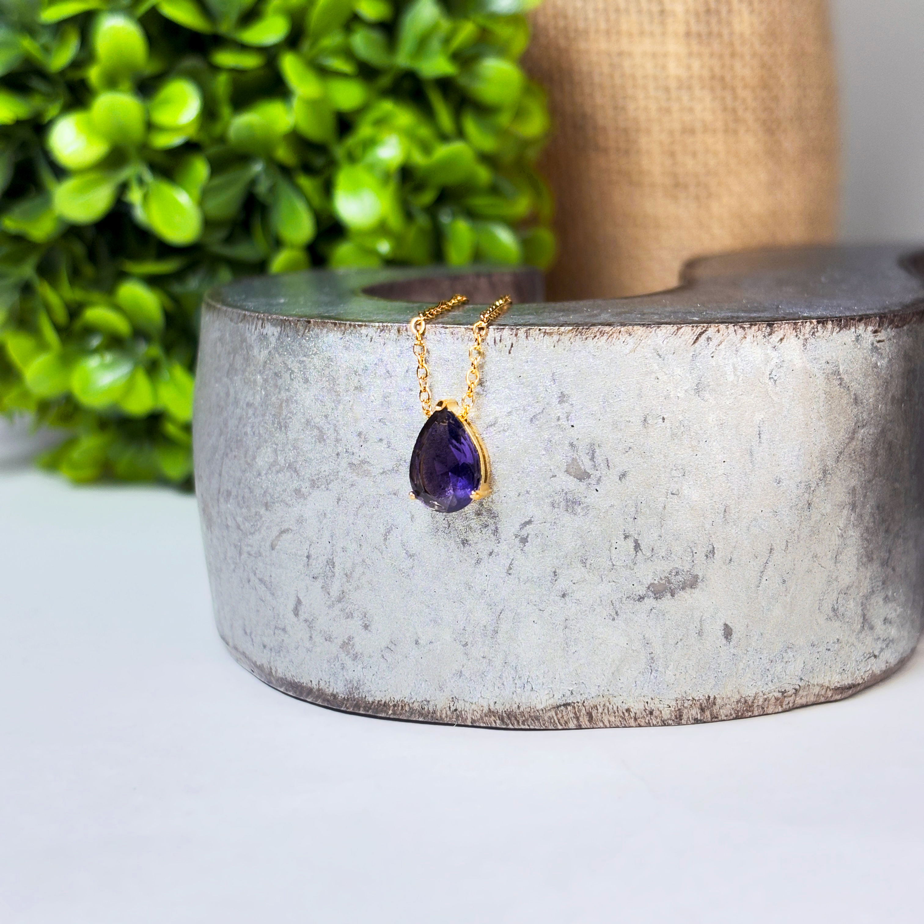 Dainty Amethyst Birthstone Necklace – Pear Cut CZ Gemstone Pendant – Minim