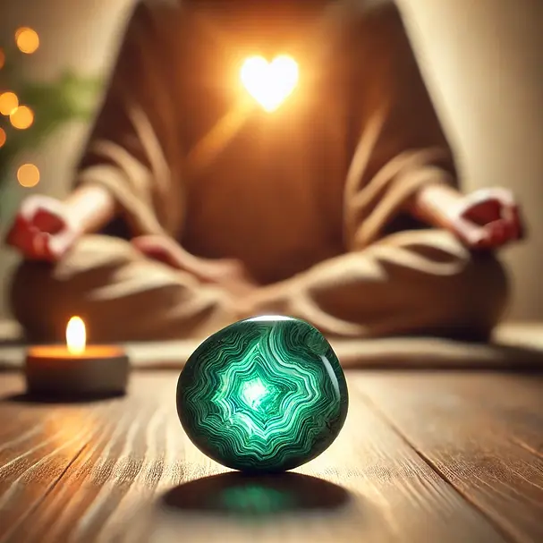 Serene image of a person meditating with a malachite stone placed at their heart chakra. The setting is peaceful with soft, warm lighting, and the malachite stone glows gently, symbolizing emotional healing and transformation.