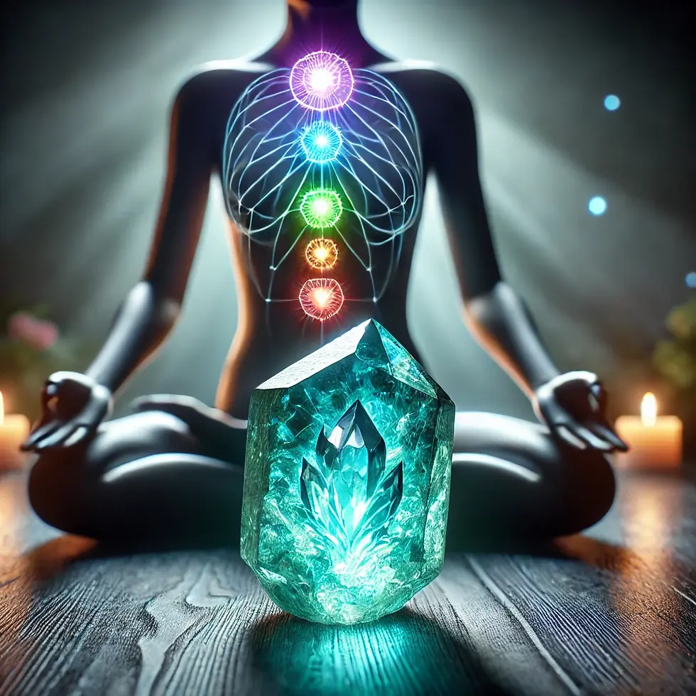 A serene image of the Phoenix Crystal placed over the Heart and Throat chakras of a meditating figure. The chakras emit soft green and blue lights, creating a tranquil and healing atmosphere with the vibrant colors of the crystal standing out against a dark backdrop.