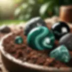 A close-up image of Earth gemstones including malachite, hematite, and black onyx, showcasing their grounding energy and vibrant colors. Ideal for meditation and emotional healing.