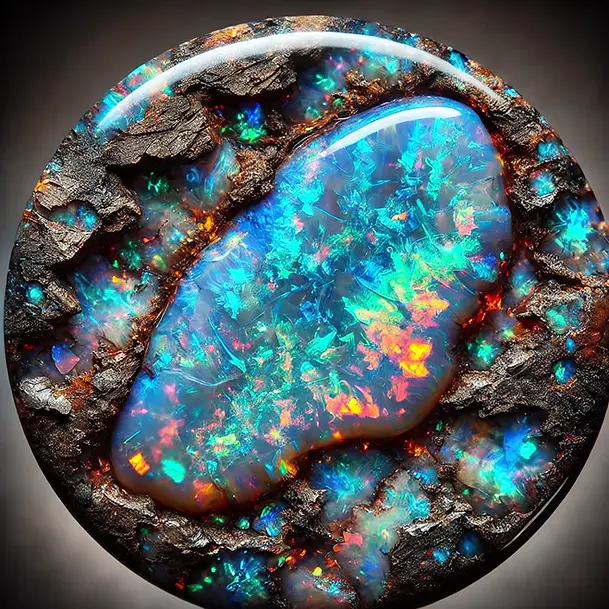 A detailed close-up of Boulder Opal embedded in its natural ironstone matrix. The vibrant colors of the opal, including flashes of blue, green, and red, contrast against the dark, rugged ironstone background, highlighting the gemstone's natural beauty.