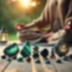 A peaceful meditation scene featuring Earth gemstones placed on the root chakra, enhancing grounding and spiritual focus. Perfect for balancing energy during meditation.