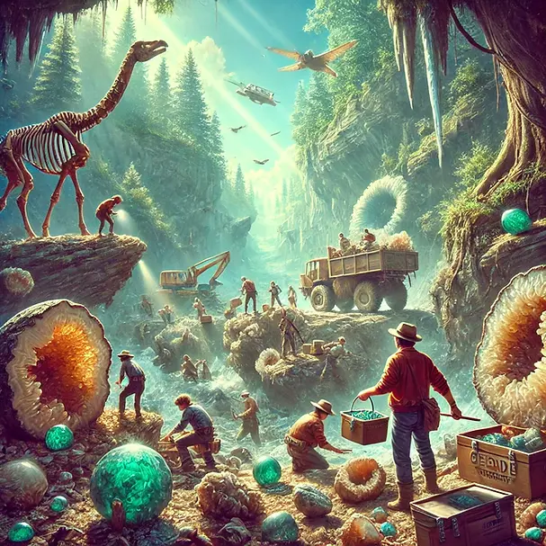 Scene of people collecting geodes in a natural setting, capturing the excitement and adventure of geode hunting.