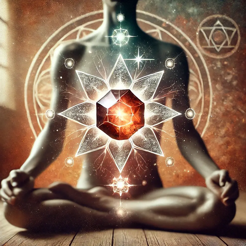 An artistic scene of a person meditating with an Idaho Star Garnet placed over the root chakra. The gemstone emits a soft, glowing light, symbolizing grounding and protection, with earthy tones and subtle spiritual symbols in the background.