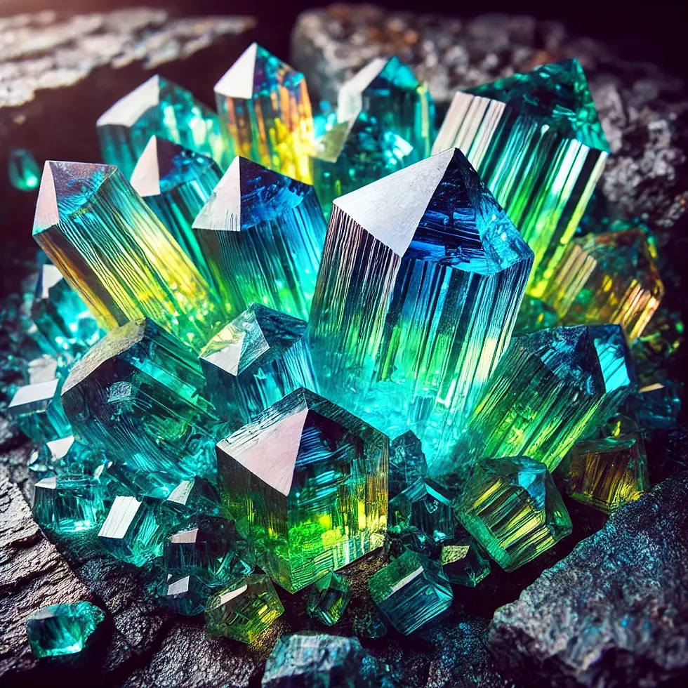 A close-up shot of colorful apatite and fluorapatite crystals in vibrant green, blue, and yellow hues, set against a dark rock background. The prismatic crystals reflect bright natural light, enhancing their clarity and geometric formations. A UV light casts a faint glow over the crystals, highlighting the fluorapatite’s fluorescence.