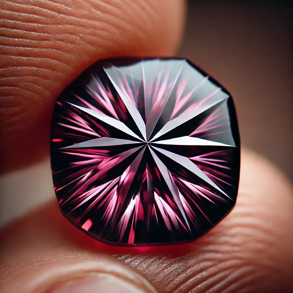 A detailed close-up of an Idaho Star Garnet cut en cabochon, showcasing the sharp, star-like asterism on its surface. The garnet’s deep reddish-purple color is highlighted, with the star effect creating a mesmerizing focal point