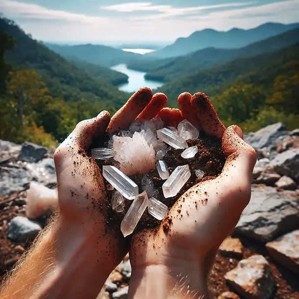 Close-up of hands sifting through dirt and rocks to reveal clear quartz crystals in the Ouachita Mountains, Hot Springs, Arkansas, set against a natural outdoor backdrop.