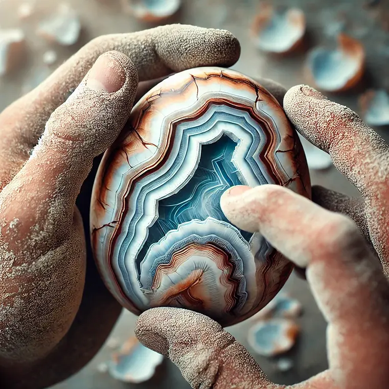 Close-up image of dusty hands carefully cracking open a Thunderegg, revealing stunning agate patterns inside. The blurred background emphasizes the intricate beauty of the gemstone.