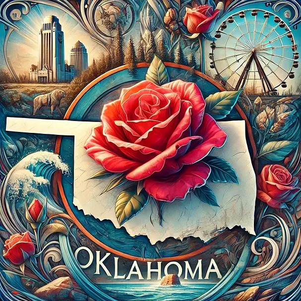 Artistic representation of rose rocks as Oklahoma's state rock, symbolizing their cultural and historical significance with elements of folklore and art.
