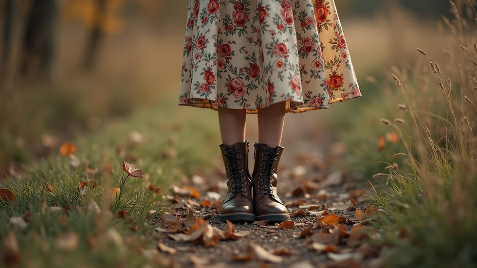 Close-up view of vintage floral dress with boots