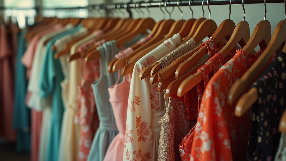 High angle view of vintage clothing rack with assorted retro dresses