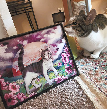 Jupiter the cat looks approvingly at his portrait by RamenMeow
