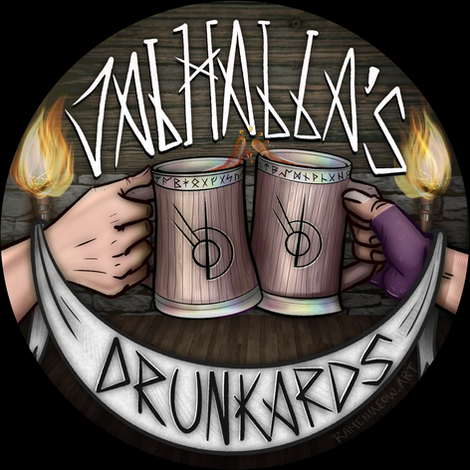 Two beer steins are cheers'ing in a tavern. It reads, "Valhalla's Drunkards" in a rune inspired font.