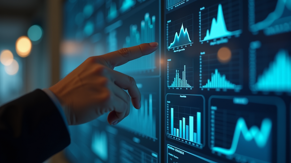 Close-up view of a hand pointing at a digital dashboard showing AI performance metrics