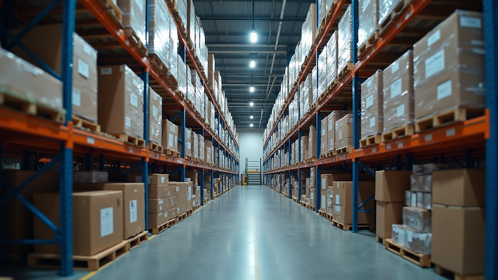 High angle view of a warehouse with automated inventory management systems