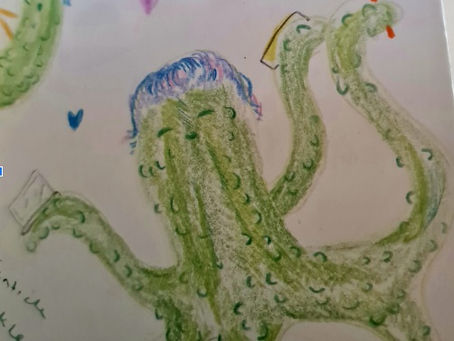 A gherkin with blue and purple hair and multiple tentacles holds a pen and a laptop