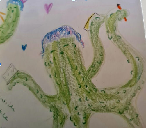 A gherkin with blue and purple hair and multiple tentacles holds a pen and a laptop