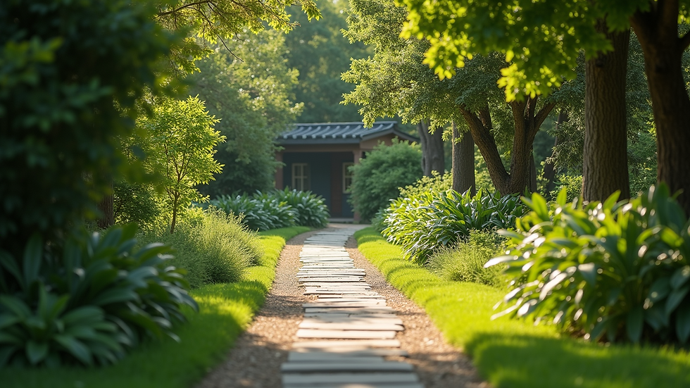High angle view of a peaceful garden path surrounded by greenery