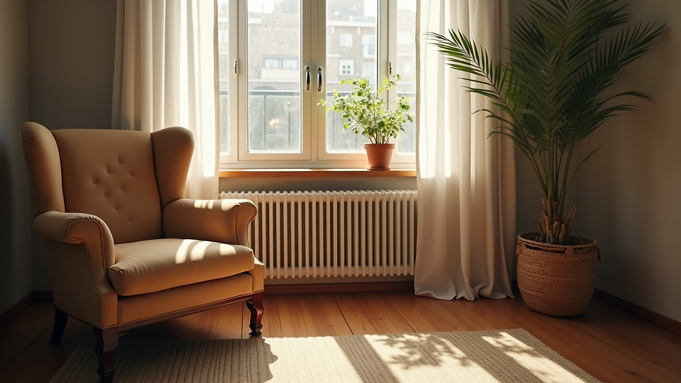 High angle view of a cozy living room with a comfortable chair and soft lighting