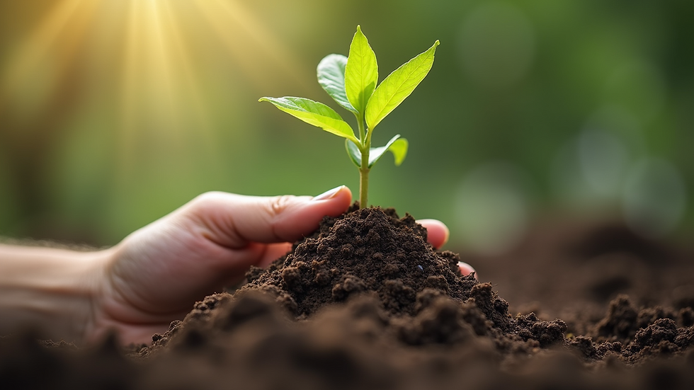 Close-up view of a hand holding a small plant sprouting from soil