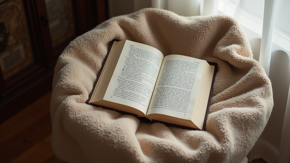 High angle view of a cozy reading nook with a soft blanket and a book