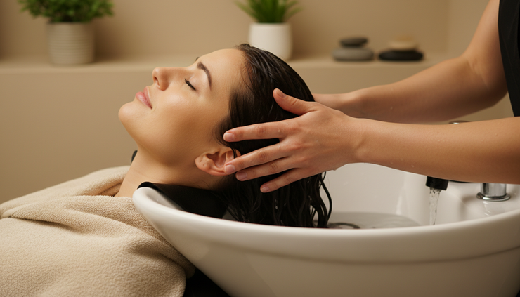 Seitliche Ansicht einer Person bei einer sanften Kopfhautmassage am Waschplatz.