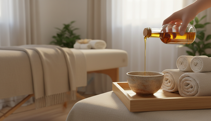 Side-angle view of warm massage oil being poured into a small ceramic bowl.