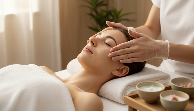 Close-up view of a gentle facial treatment with soft towels and skincare bowls.