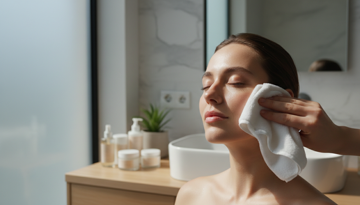 Close-up of a calm face being cleansed with a soft white cloth.