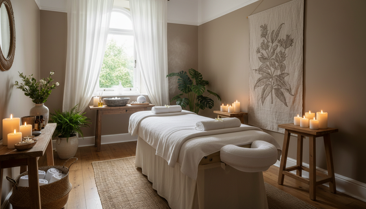 Eye-level view of a calm spa treatment room with soft towels and lit candles