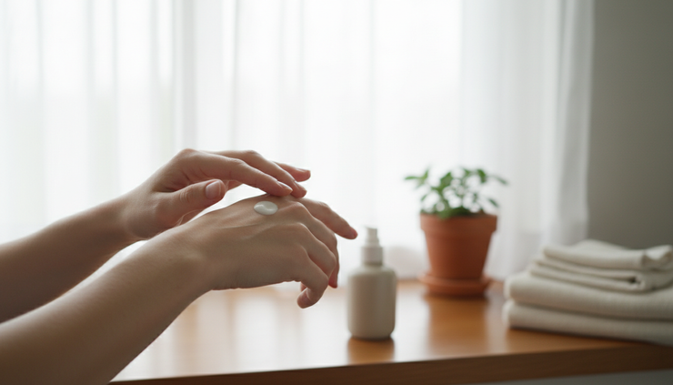 Augenhöhe auf eine Hand, die Sonnencreme neben einem Fenster aufträgt