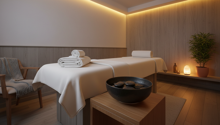 Eye-level view of a calm spa massage room prepared with towels and warm lighting.