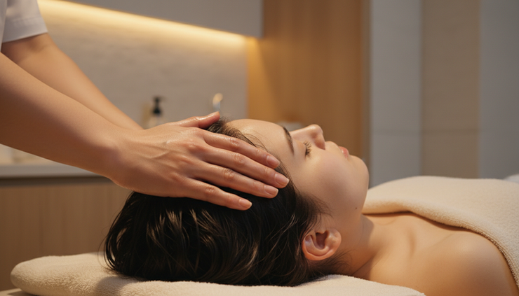 Close-up view of hands performing a slow scalp massage during a Japanese head spa.