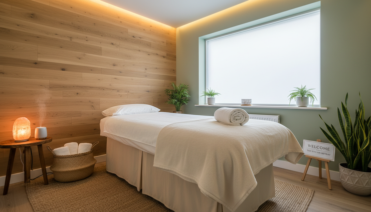 Eye-level view of a calm spa treatment room prepared with towels and soft lighting