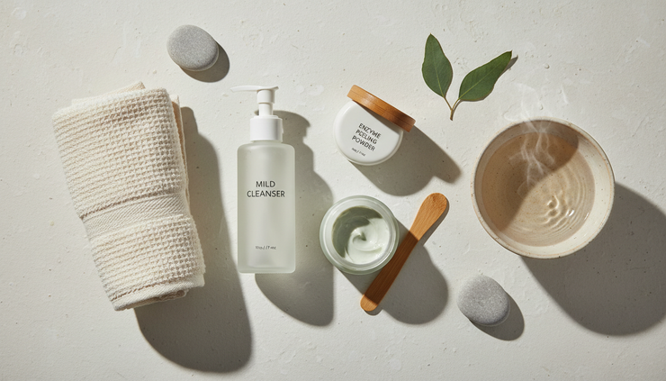 Overhead view of gentle skincare products arranged beside a bowl of warm water.