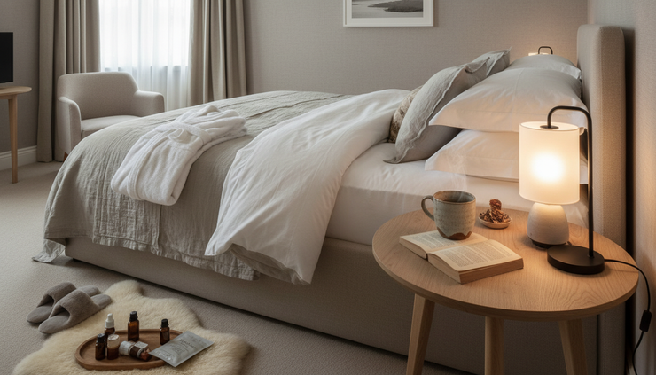 Wide-angle view of a cosy bedroom with soft bedding, a robe, herbal tea, and a book after a spa evening.