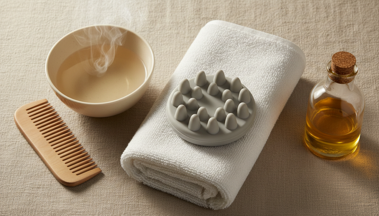 Overhead view of a relaxed head spa setup with a scalp brush, towel, and bowl of warm water.