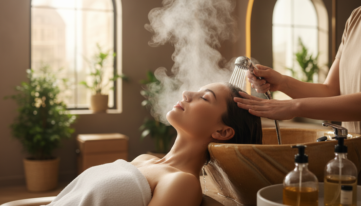 Eye-level view of a relaxing head spa treatment at a wash basin