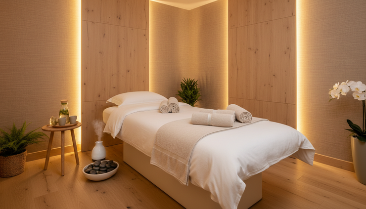 Eye-level view of a calm massage room prepared for a spa treatment.
