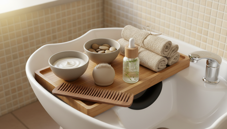 Overhead view of hair care bowls, brushes, towels, and scalp serum on a spa tray.
