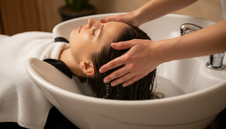 Close-up of hands massaging a scalp at a ceramic wash basin.