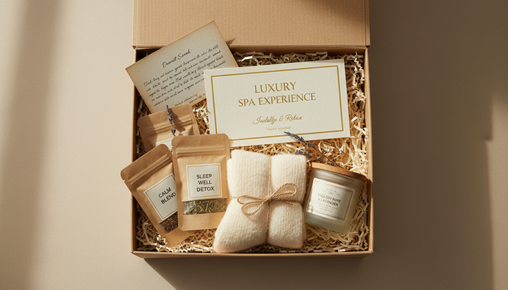 Overhead view of a cosy gift box with a spa voucher, tea and soft socks