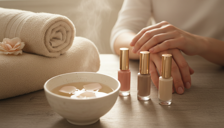 Close-up of hands resting beside nail polish bottles and soft spa towels