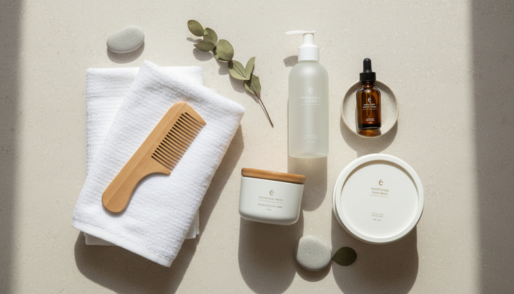 Overhead view of scalp care products beside a towel and comb