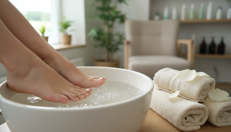 Close-up view of feet soaking in a warm pedicure bowl with soft towels nearby