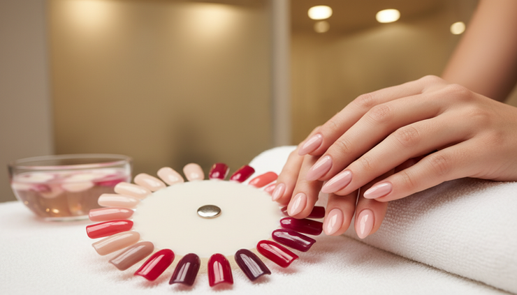 Close-up of neatly manicured hands choosing soft neutral nail colours.