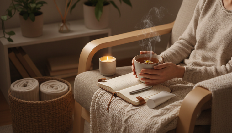Wide-angle view of a cozy evening self care corner with tea, a journal, hand cream, and a candle.
