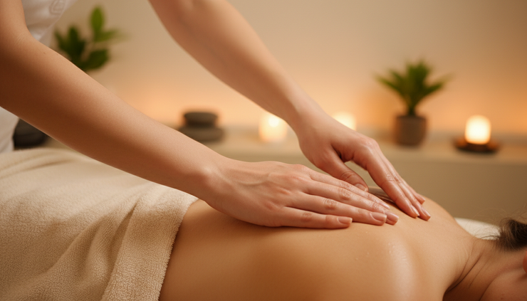 Close-up view of hands gently massaging a shoulder with calming pressure.