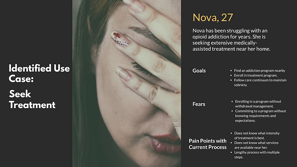 Image of a woman named Nova that displays her goals, fears, and challenges with the product