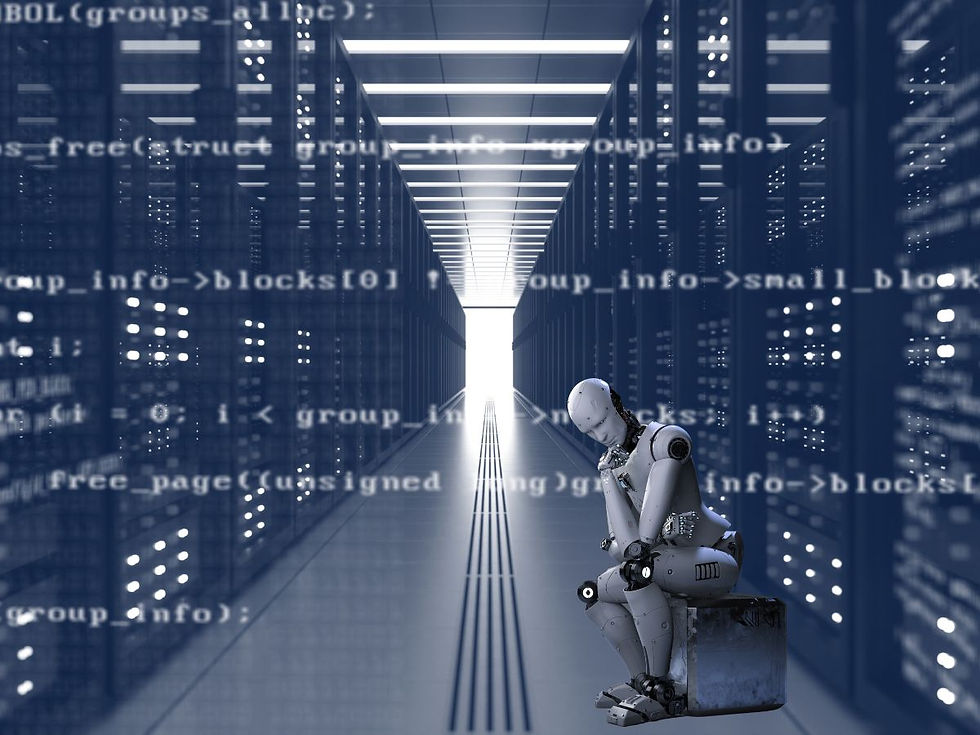 AI Robot Contemplating in a Room Full of Servers